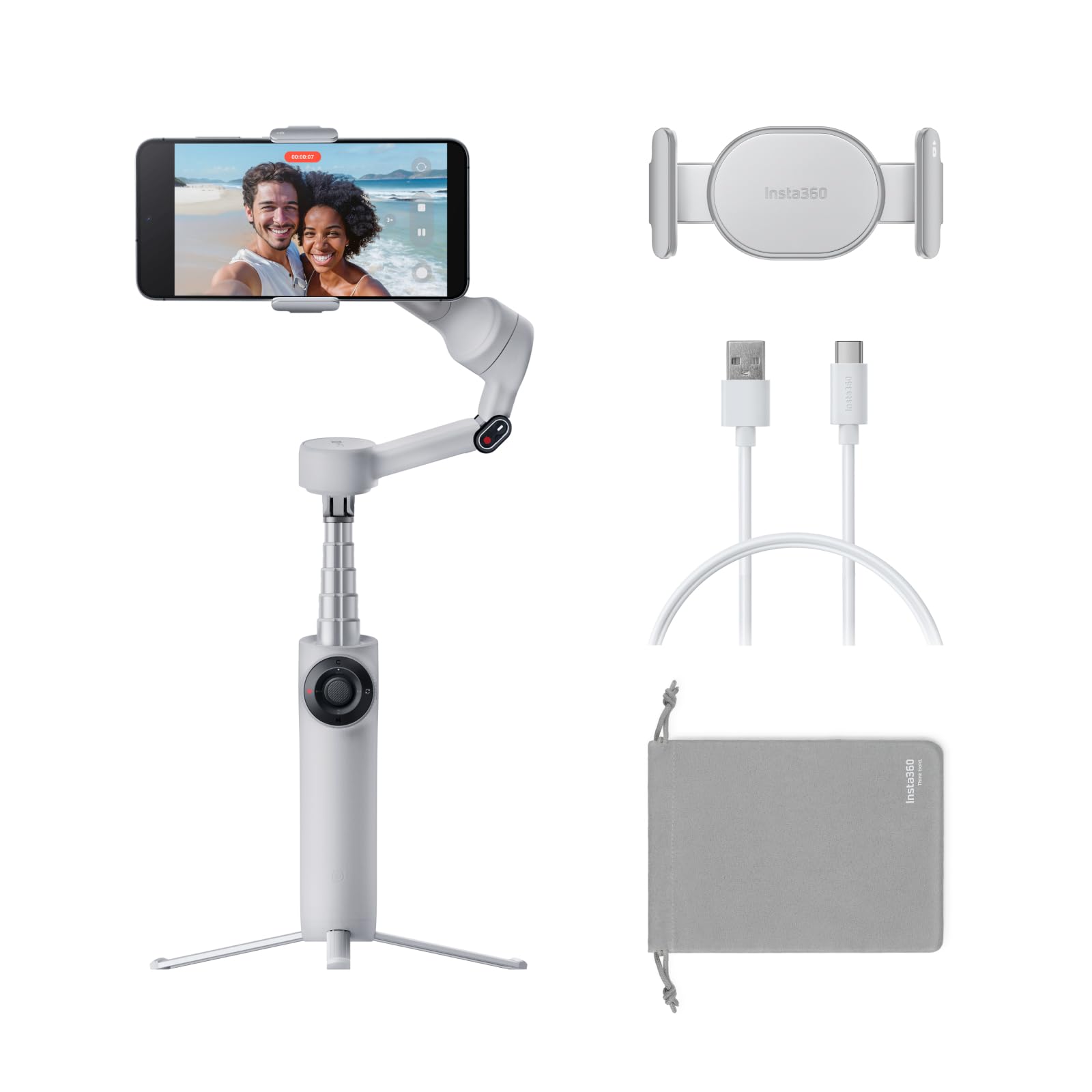Insta360 Flow 2 White - Foldable AI Phone Gimbal, AI Tracking, Multi-Person Tracking, Built-in Tripod/Selfie Stick, Remote Control, iPhone/Android Portable Stabilizer