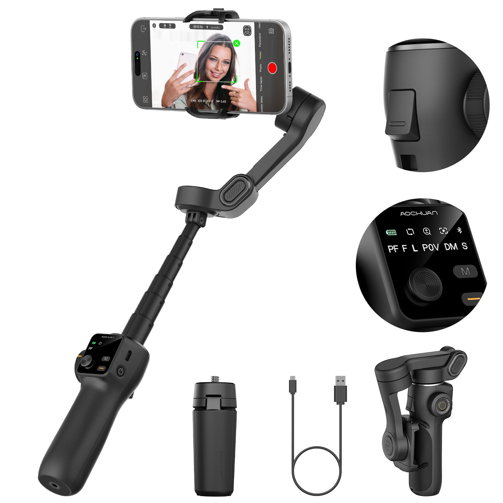 3-Axis Gimbal Stabilizer for iPhone & Android,NO APP AI Tracking,7.8' Built-in Extension Rod,Phone Stabilizer for Video Recording,OLED Display,Trigger Button,Sport,Vlogging(Smart V8 AI Black)