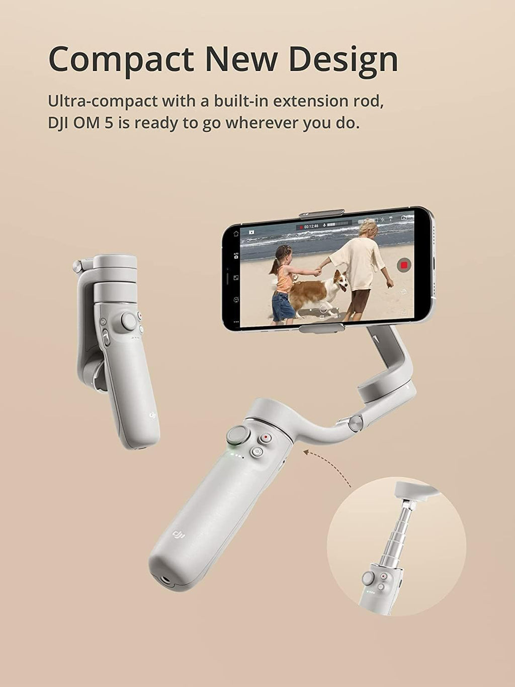 DJI OM 5 Smartphone Gimbal Stabilizer, 3-Axis Phone Gimbal, Built-in Extension Rod, Portable and Foldable, Android and iPhone Gimbal, YouTube TikTok Video, White (Renewed)
