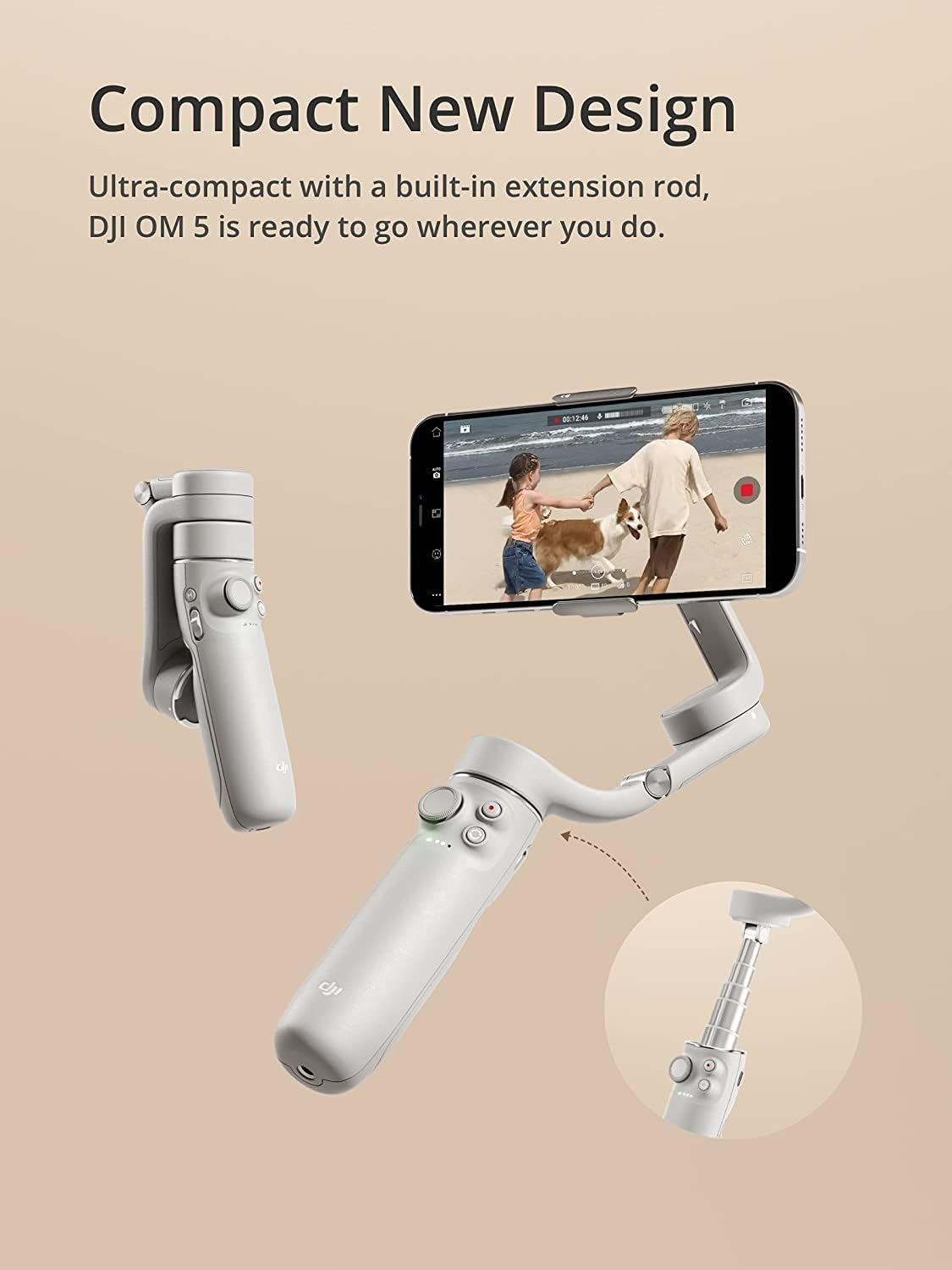 DJI OM 5 Smartphone Gimbal Stabilizer, 3-Axis Phone Gimbal, Built-in Extension Rod, Portable and Foldable, Android and iPhone Gimbal, YouTube TikTok Video, White (Renewed)