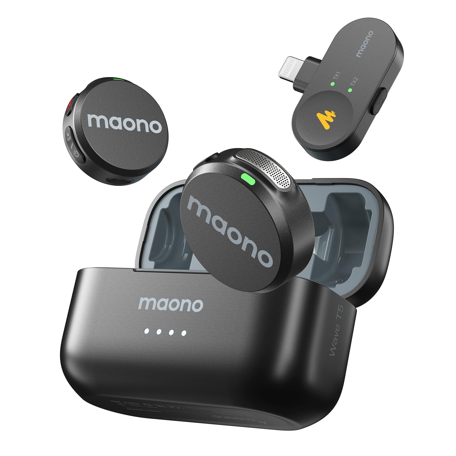 MAONO Wireless Lavalier Microphone for iPhone/Android/Camera/PC, Mini Lapel Mic with 48khz 24bit, Voice Filter, Noise Cancellation, 30h Battery, USB-C/Lightning Plug for Video Recording - Wave T5
