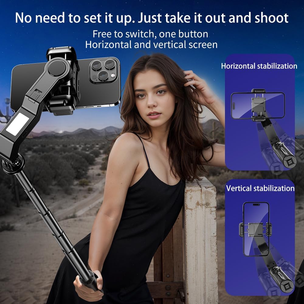 Selfie Stick Gimbal Stabilizer, Single Axis Stabilizer Tracking Selfie Stick with Light Tripod 360° Rotation with Remote Control for iPhone/Andriod for Vlog Live Broadcast TIK Tok YouTube Vlogging