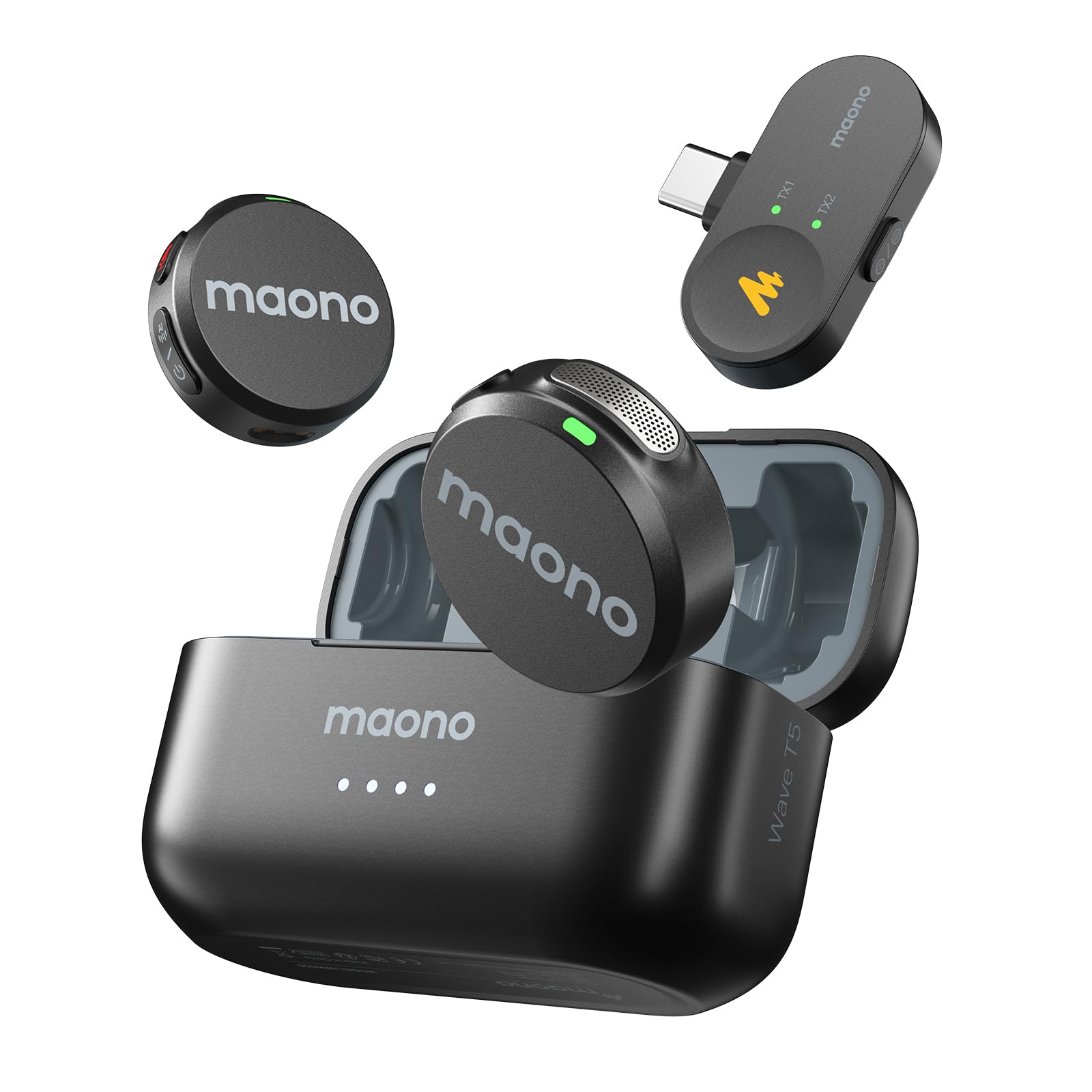 MAONO Wireless Lavalier Microphone for iPhone/Android/Camera/PC, Mini Lapel Mic with 48khz 24bit, Voice Filter, Noise Cancellation, 30h Battery, USB-C/Lightning Plug for Video Recording - Wave T5