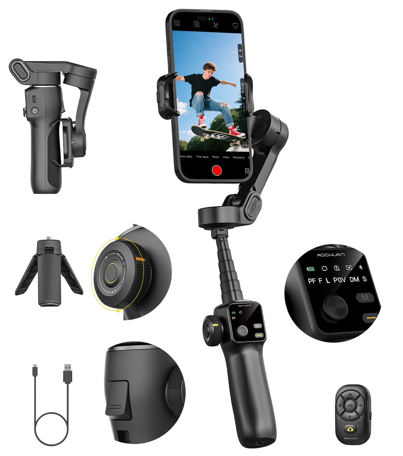 Smartphone Gimbal Stabilizer for iPhone & Android, 3-Axis Phone Gimbal with Bluetooth Remote Control, Built-in 7.8” Extendable Rod, Face Tracking, Video Stabilizer – Smart V8 Kit White