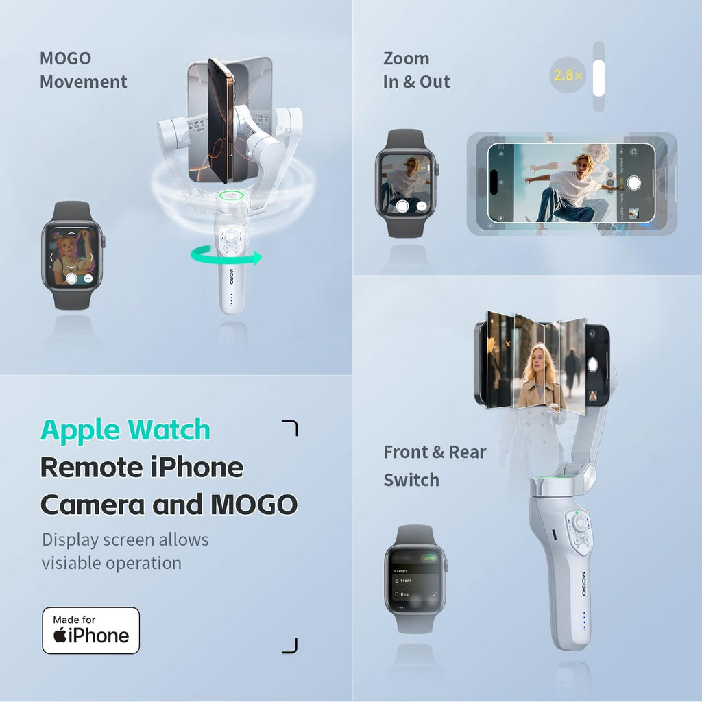 Only for iPhone, MOGO [Apple MFi Certified] Gimbal Stabilizer for iPhone Stabilizer for Video Recording and Control Native Camera by Remote Control and Apple Watch, OTA Upgrade Supported