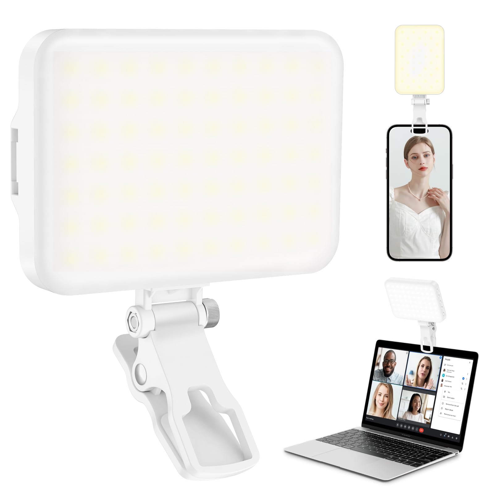 60 LED Portable Selfie Light Video Conference Lighting with Clip & Camera Tripod Adapter Rechargeable 2200mAh CRI 97+, 3 Light Modes for Phone iPhone Webcam Laptop Photo Makeup
