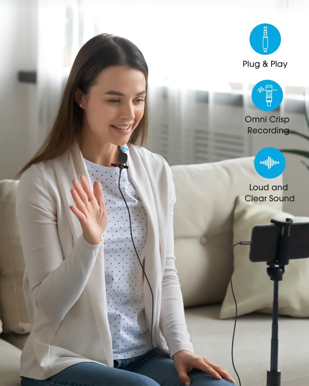 PoP voice 16 Feet Lavalier Microphone for 3.5mm Devices, Android and Camera - Noise Cancelling Lapel Mic TRRS Omni Mic for Phones, TikTok, Video Recording (with a TRS Adapter, 2 Clips and 4 Covers)