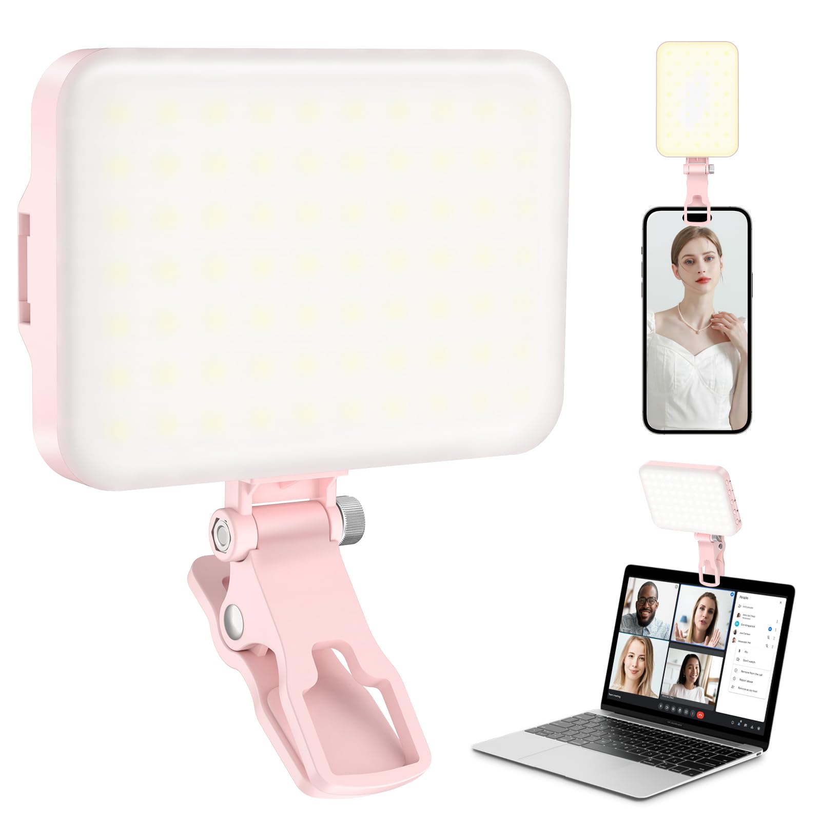 60 LED Portable Selfie Light Video Conference Lighting with Clip & Camera Tripod Adapter Rechargeable 2200mAh CRI 97+, 3 Light Modes for Phone iPhone Webcam Laptop Photo Makeup