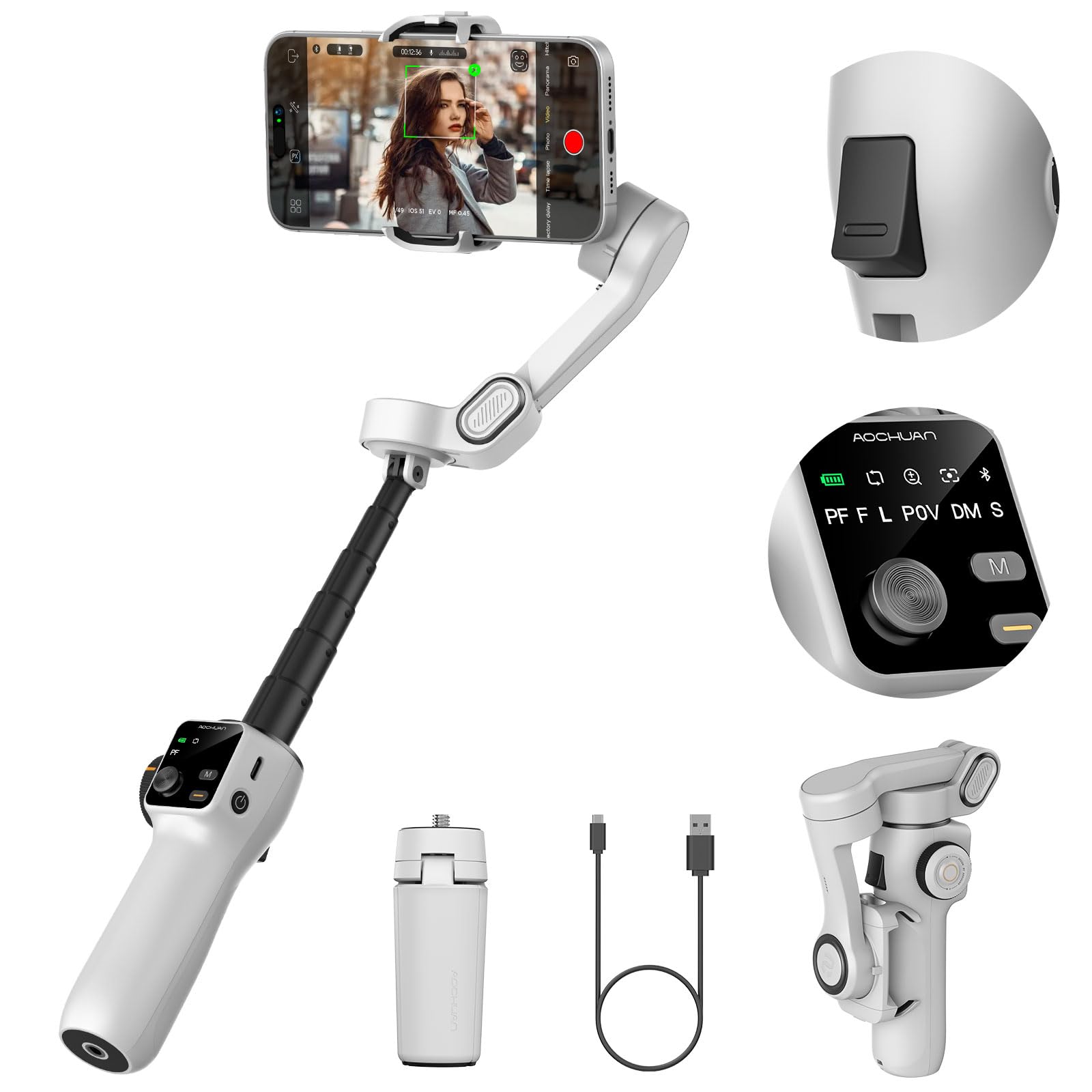3-Axis Gimbal Stabilizer for iPhone & Android,NO APP AI Tracking,7.8' Built-in Extension Rod,Phone Stabilizer for Video Recording,OLED Display,Trigger Button,Sport,Vlogging(Smart V8 AI Black)