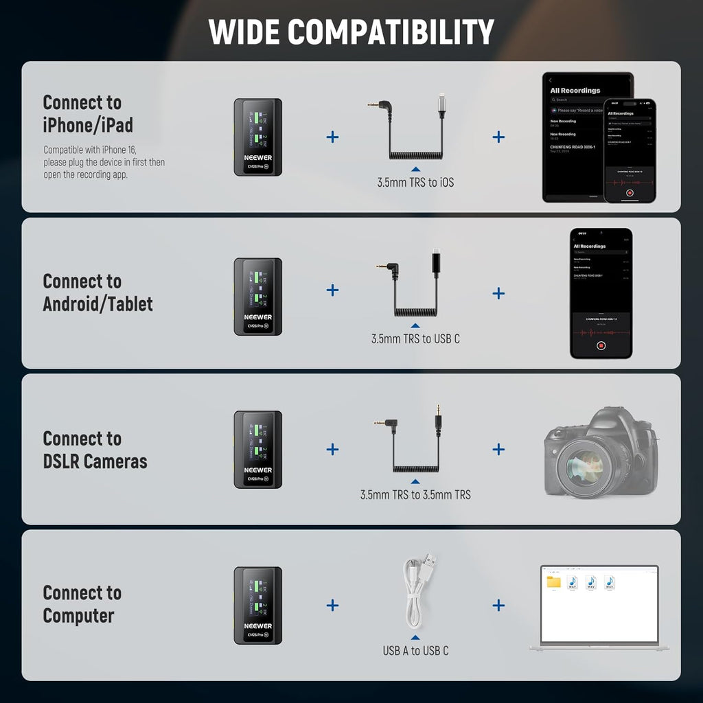 NEEWER CM28 PRO Wireless Lavalier Lapel Microphone System with Charging Case 48KHz 16 Bit Uncompressed Audio Noise Canceling 4GB Storage 9Hrs Recording Compatible with iPhone iPad Android Camera PC