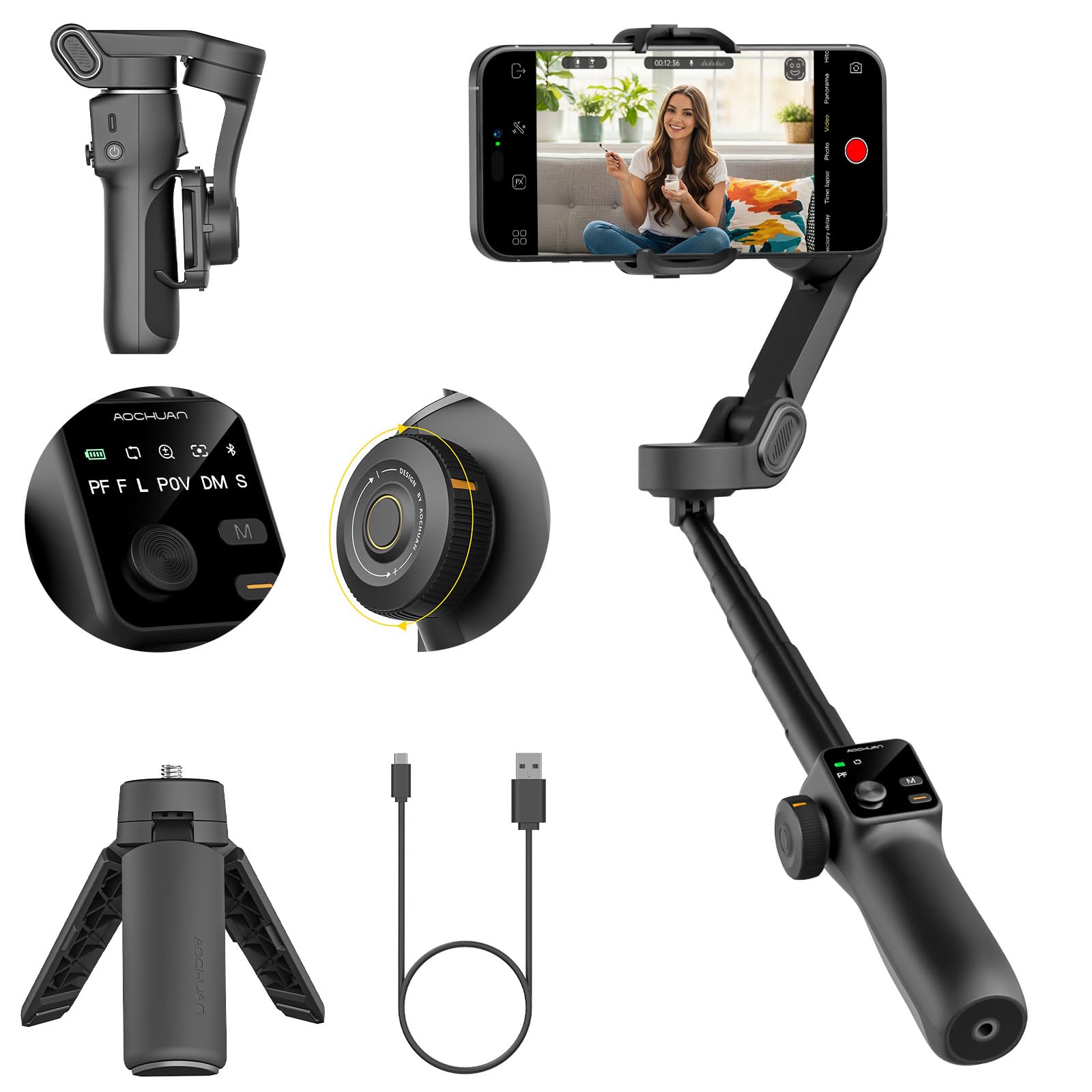 Smartphone Gimbal Stabilizer for iPhone & Android, 3-Axis Phone Gimbal with Bluetooth Remote Control, Built-in 7.8” Extendable Rod, Face Tracking, Video Stabilizer – Smart V8 Kit White