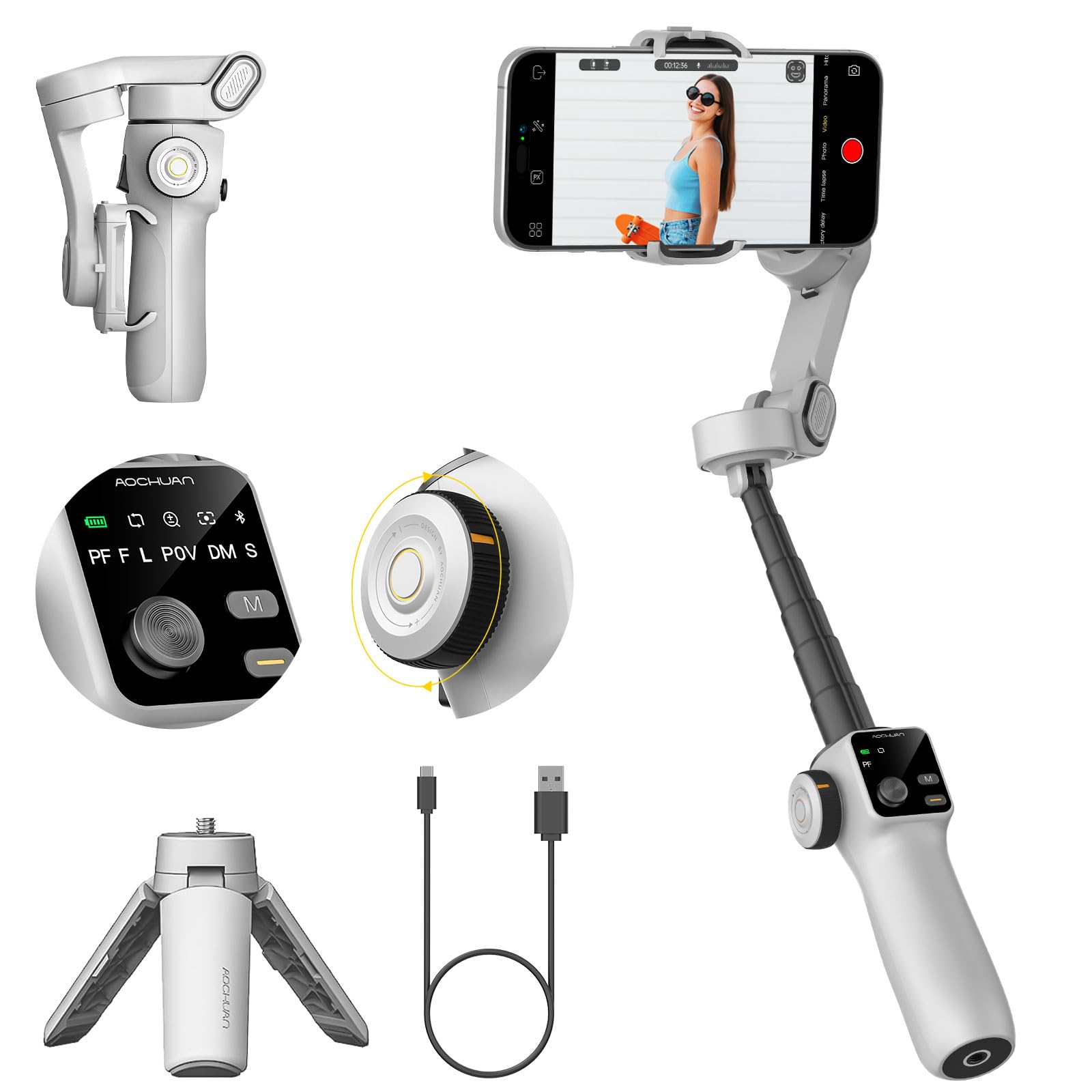 Smartphone Gimbal Stabilizer for iPhone & Android, 3-Axis Phone Gimbal with Bluetooth Remote Control, Built-in 7.8” Extendable Rod, Face Tracking, Video Stabilizer – Smart V8 Kit White