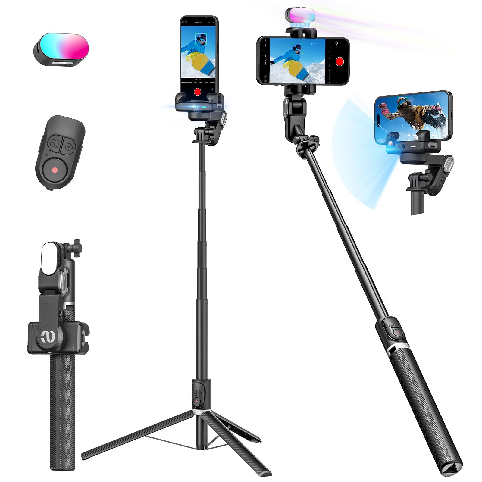 Smartphone Gimbal Stabilizer, Smart Face Tracking Tripod Without APP - 4 in 1 Cellphone Gimbal Stabilizer for iPhone&Android Extended 108cm Rod with RGB Fill Light,M2PRO White
