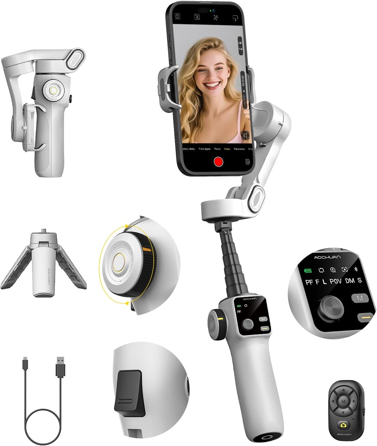 Smartphone Gimbal Stabilizer for iPhone & Android, 3-Axis Phone Gimbal with Bluetooth Remote Control, Built-in 7.8” Extendable Rod, Face Tracking, Video Stabilizer – Smart V8 Kit White