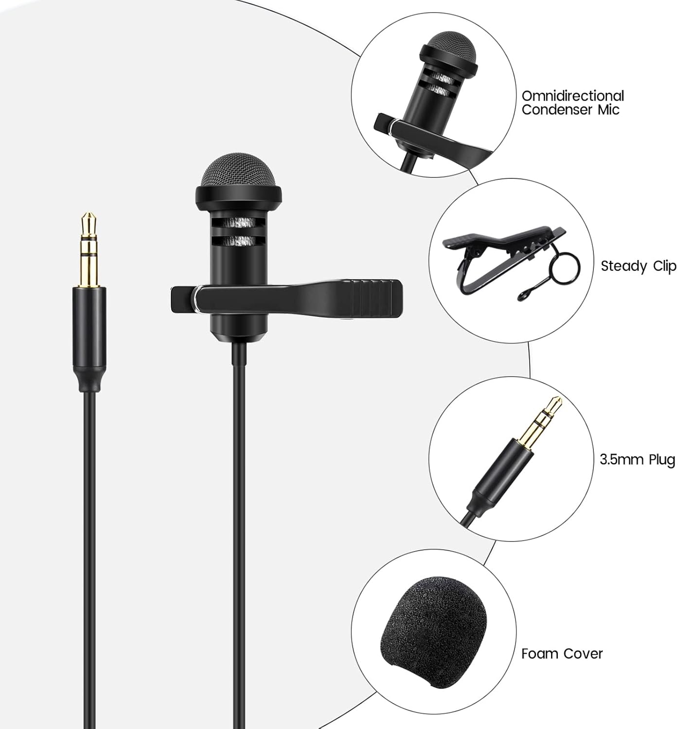Lavalier Microphone for Rode Wireless GO 2 / ii & DJI Mic Transmitters, Omnidirectional Lapel Lav Videomic with Clip, 5 ft