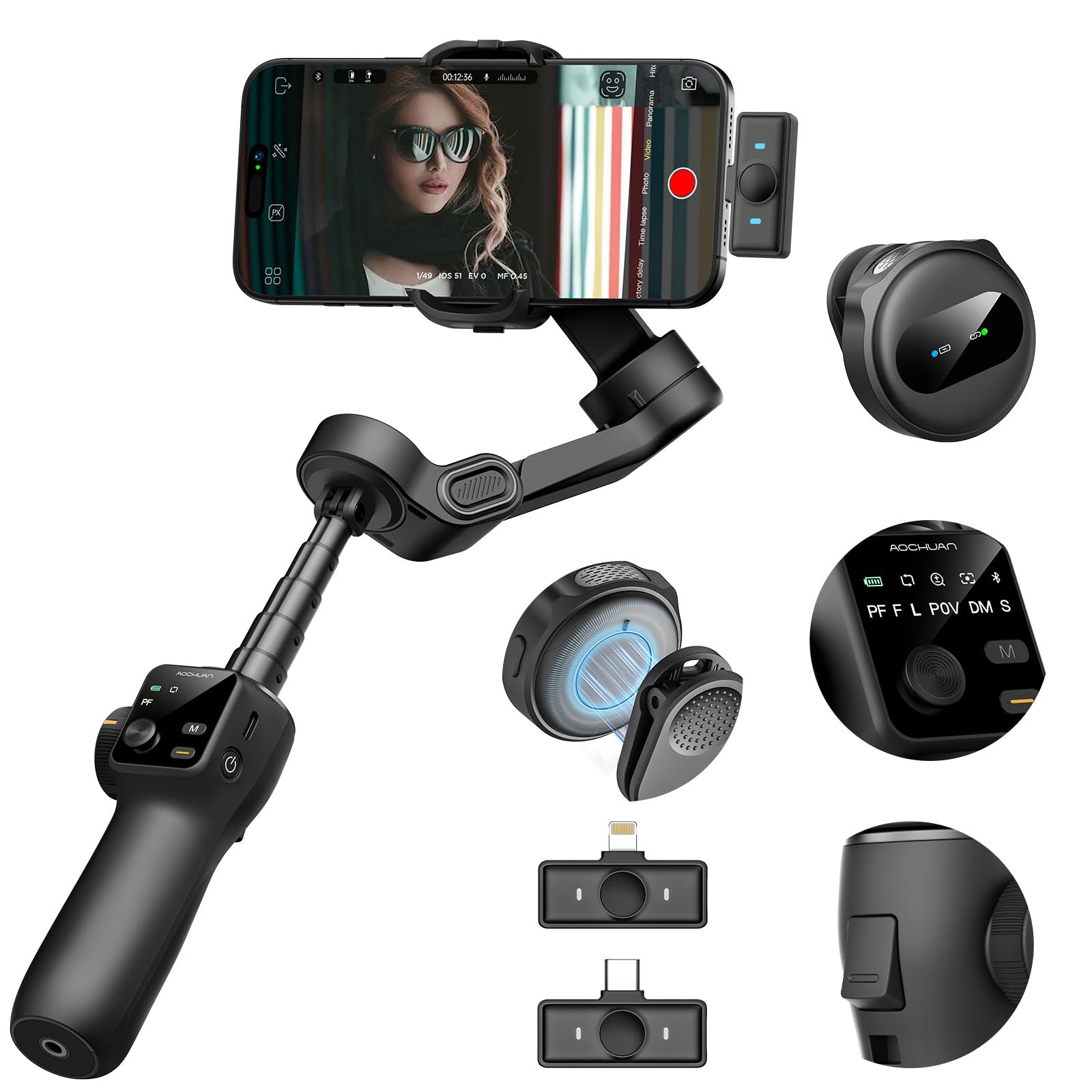 3-Axis Gimbal Stabilizer for iPhone & Android,NO APP AI Tracking,7.8' Built-in Extension Rod,Phone Stabilizer for Video Recording,OLED Display,Trigger Button,Sport,Vlogging(Smart V8 AI Black)