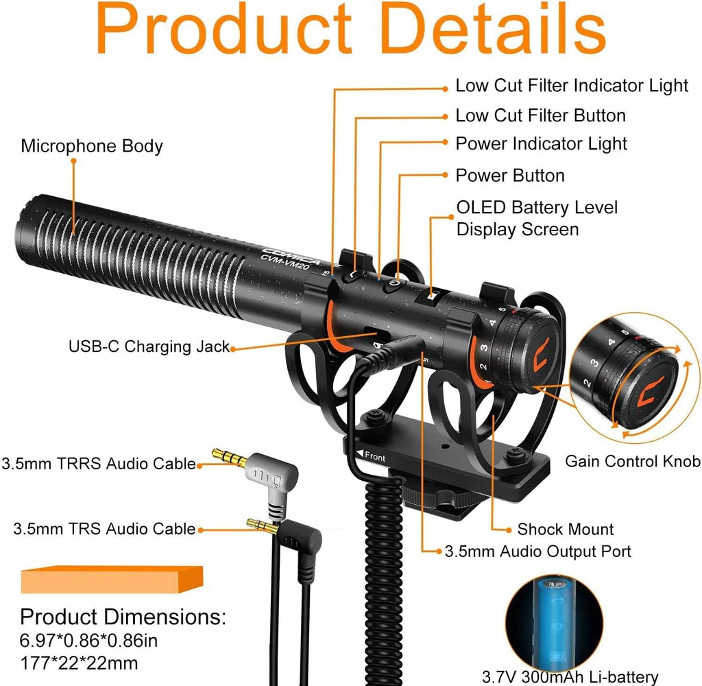 COMICA VM20 Shotgun Microphone, Professional Super Cardioid Video Mic with Shock Mount, Camera Microphone Kit for Smartphone/DSLR Camera/Camcorder, Perfect for Interview, Video Shooting, Vlog
