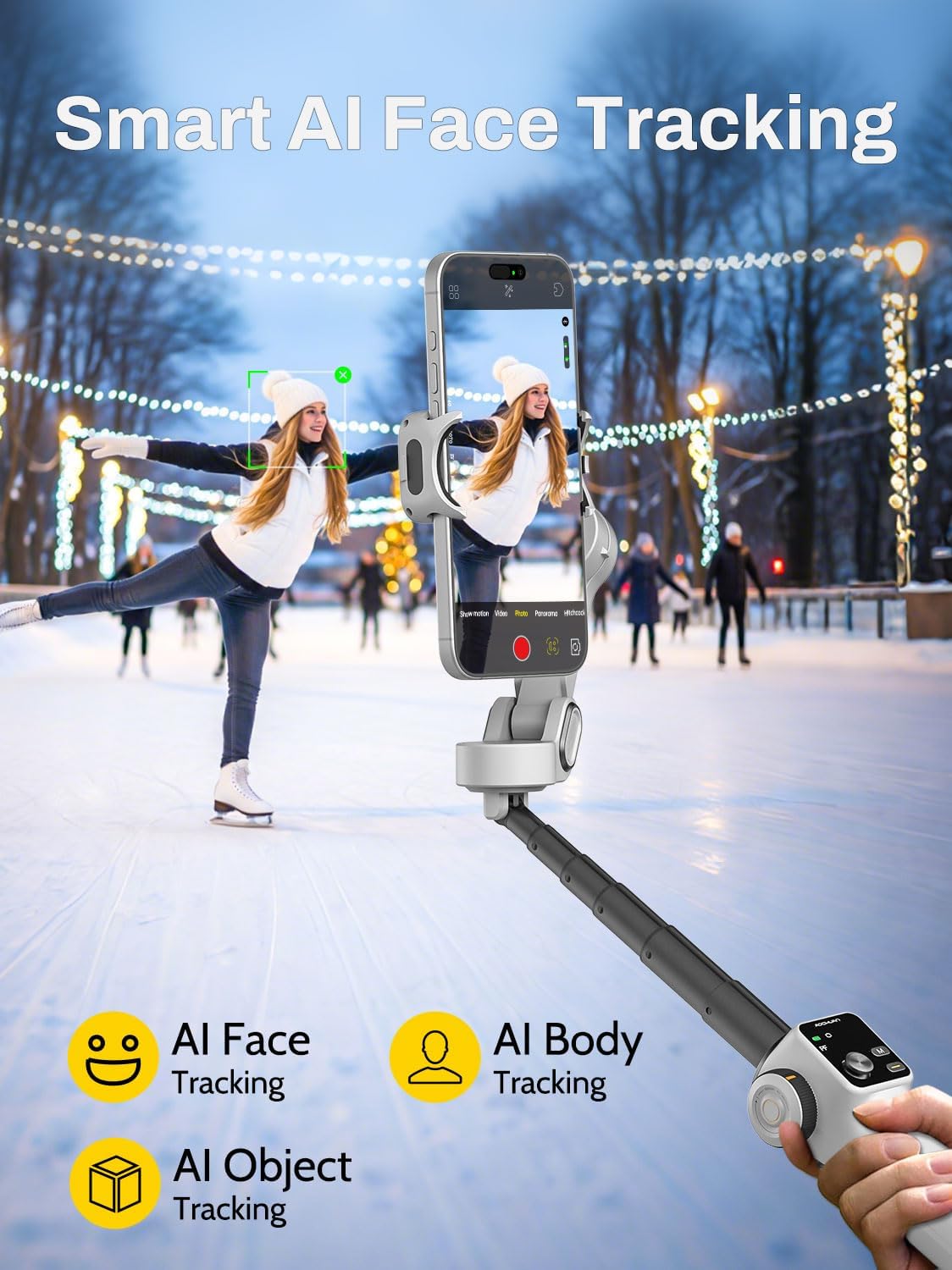 Smartphone Gimbal Stabilizer for iPhone & Android, 3-Axis Phone Gimbal with Bluetooth Remote Control, Built-in 7.8” Extendable Rod, Face Tracking, Video Stabilizer – Smart V8 Kit White