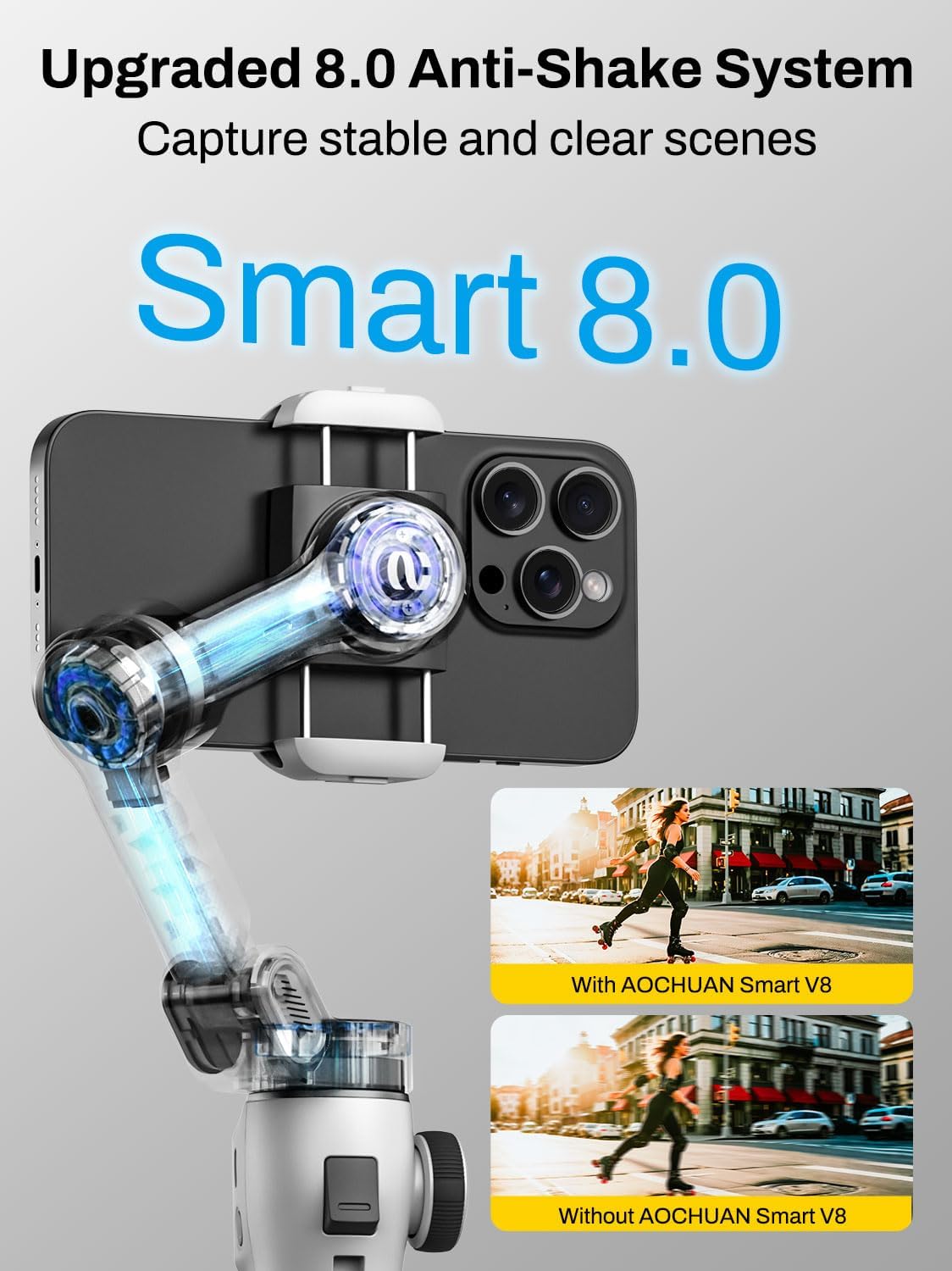 Smartphone Gimbal Stabilizer for iPhone & Android, 3-Axis Phone Gimbal with Bluetooth Remote Control, Built-in 7.8” Extendable Rod, Face Tracking, Video Stabilizer – Smart V8 Kit White