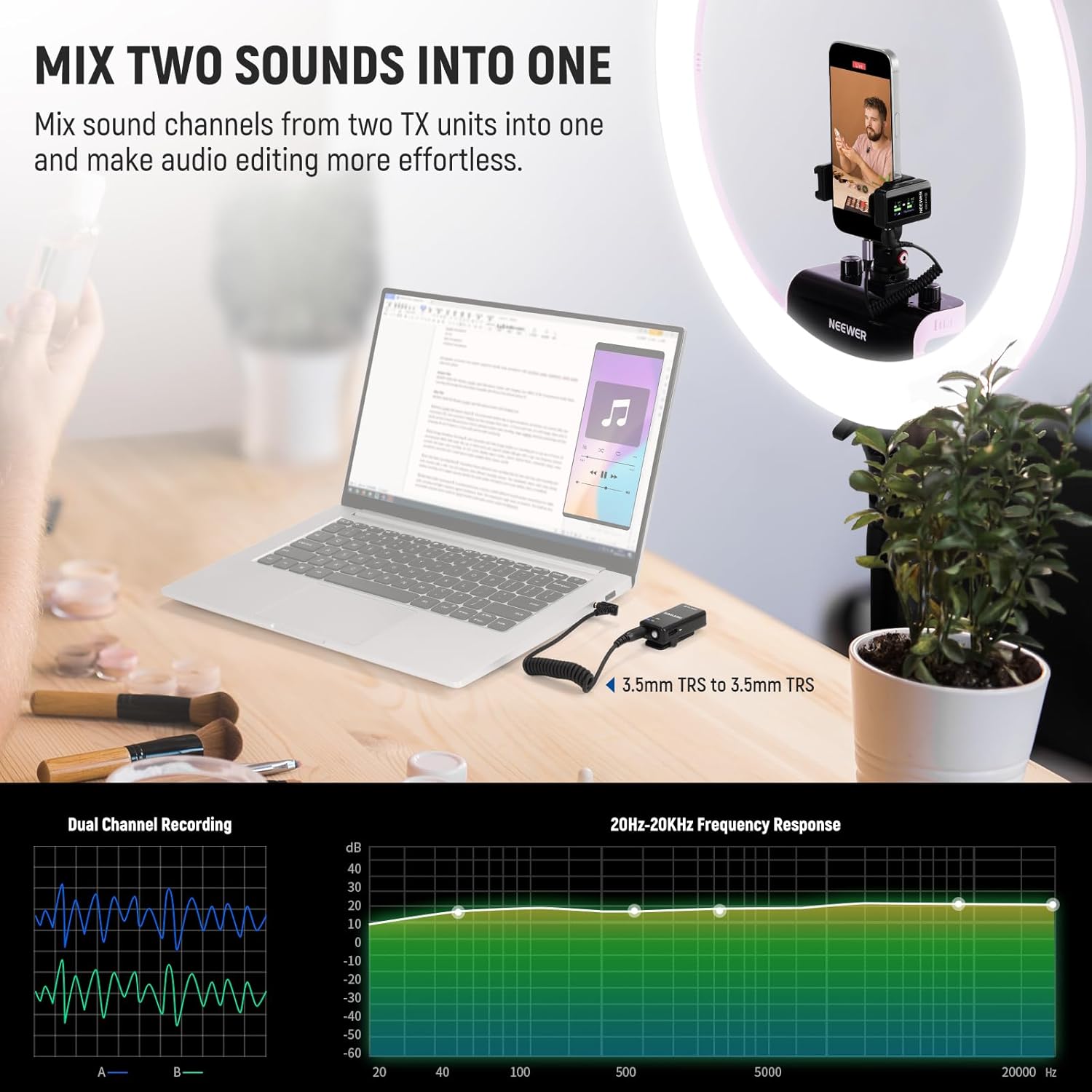 NEEWER CM28 PRO Wireless Lavalier Lapel Microphone System with Charging Case 48KHz 16 Bit Uncompressed Audio Noise Canceling 4GB Storage 9Hrs Recording Compatible with iPhone iPad Android Camera PC