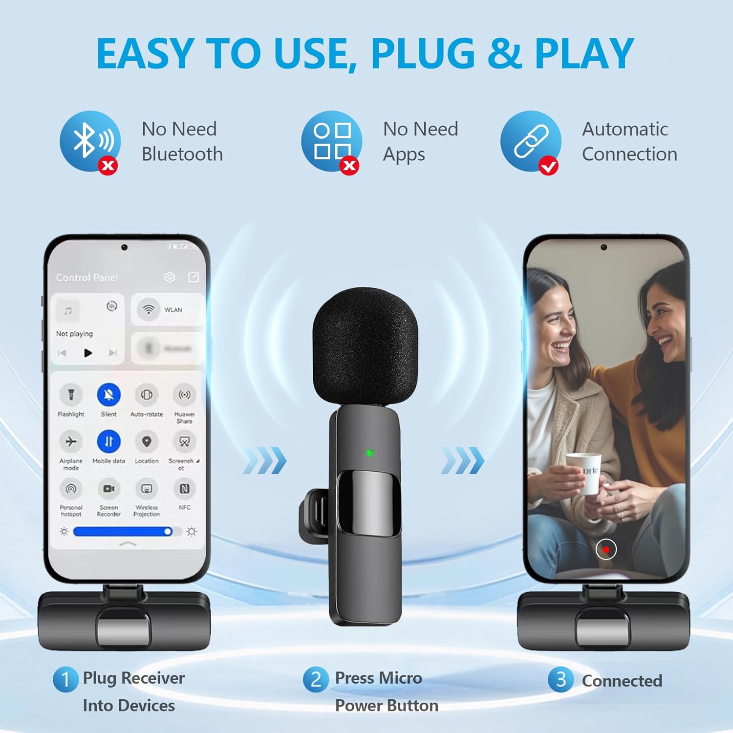 Wireless Lavalier Microphone for iPhone and Android, USB-C Mini Microphone with Noise Reduction, Perfect for Recording, Vlogging, YouTube, TikTok, Podcasts, and Interview Video
