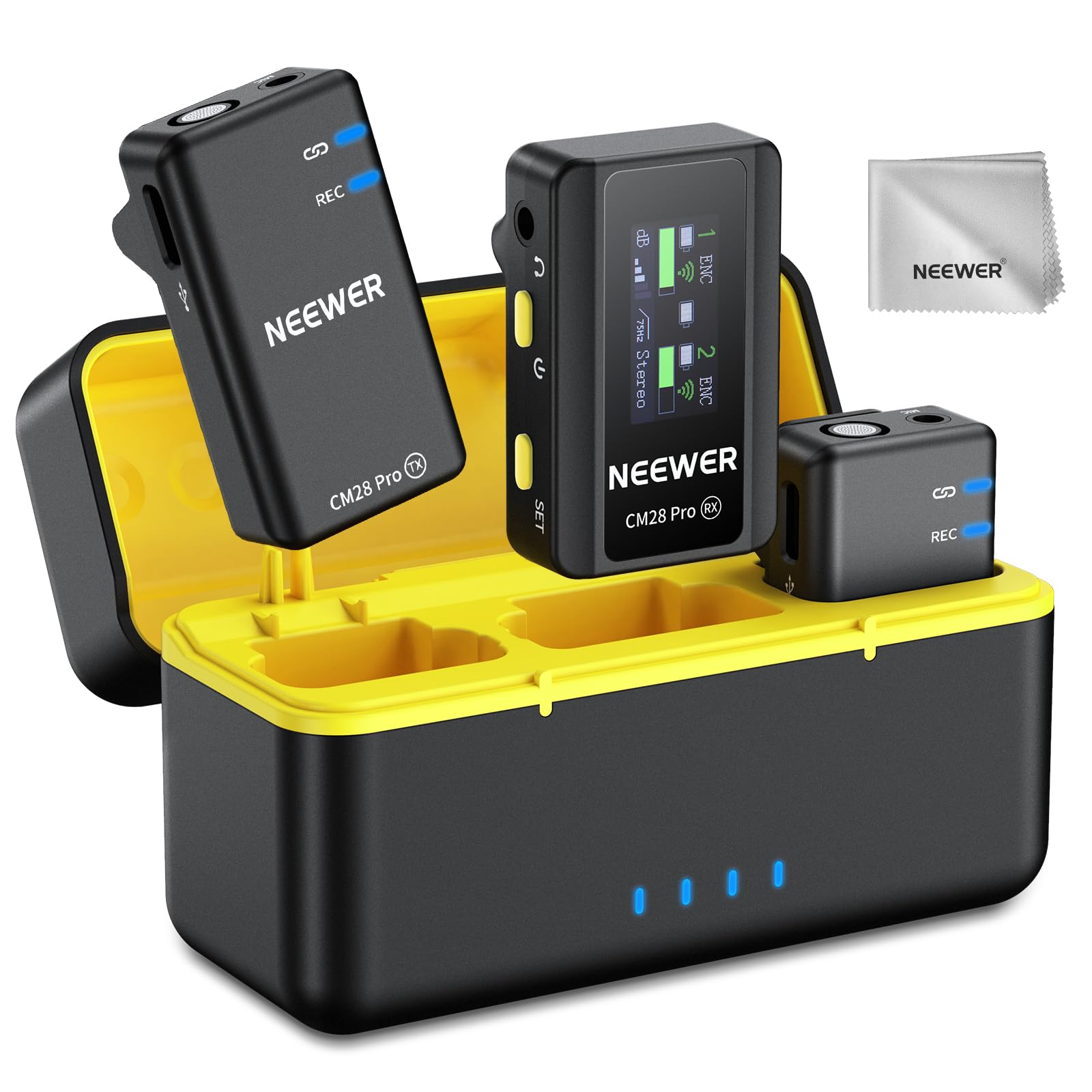 NEEWER CM28 PRO Wireless Lavalier Lapel Microphone System with Charging Case 48KHz 16 Bit Uncompressed Audio Noise Canceling 4GB Storage 9Hrs Recording Compatible with iPhone iPad Android Camera PC
