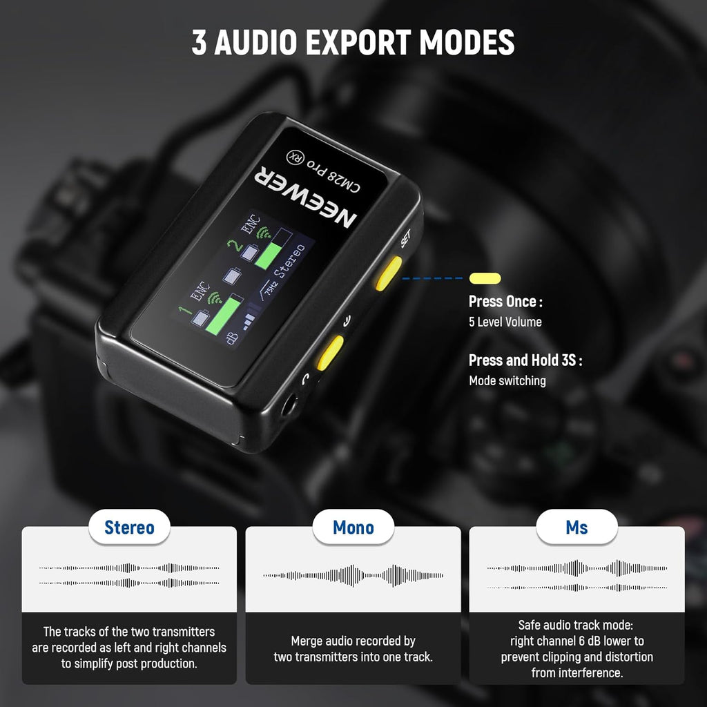 NEEWER CM28 PRO Wireless Lavalier Lapel Microphone System with Charging Case 48KHz 16 Bit Uncompressed Audio Noise Canceling 4GB Storage 9Hrs Recording Compatible with iPhone iPad Android Camera PC